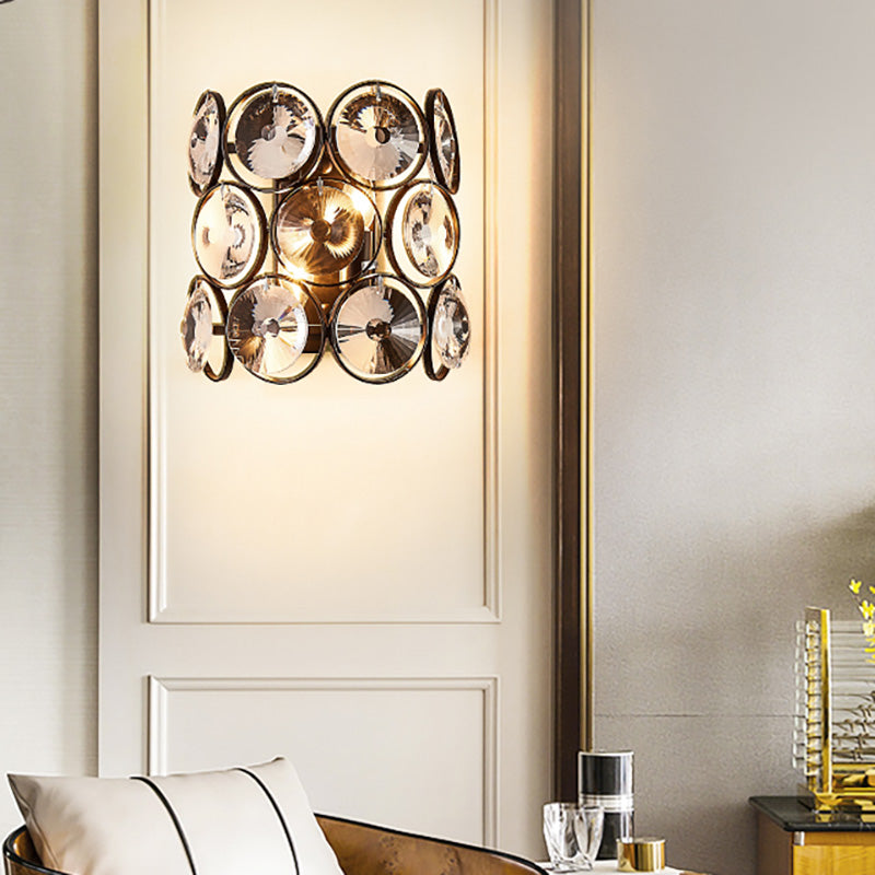 Circles Wall Mount Light Modern Style Clear Crystal and Metal 2 Bulbs Bedroom Wall Sconce in Black