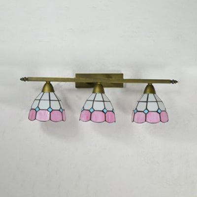 Yellow/Pink/Green/Blue Dome Wall Sconce Lamp Vintage Tiffany 3 Lights Wall Mount Light in Brass for Bathroom