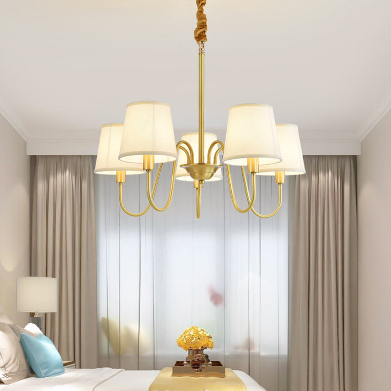 Fabric Bucket Shade Suspension Light Simplicity Living Room Chandelier Light in Brass
