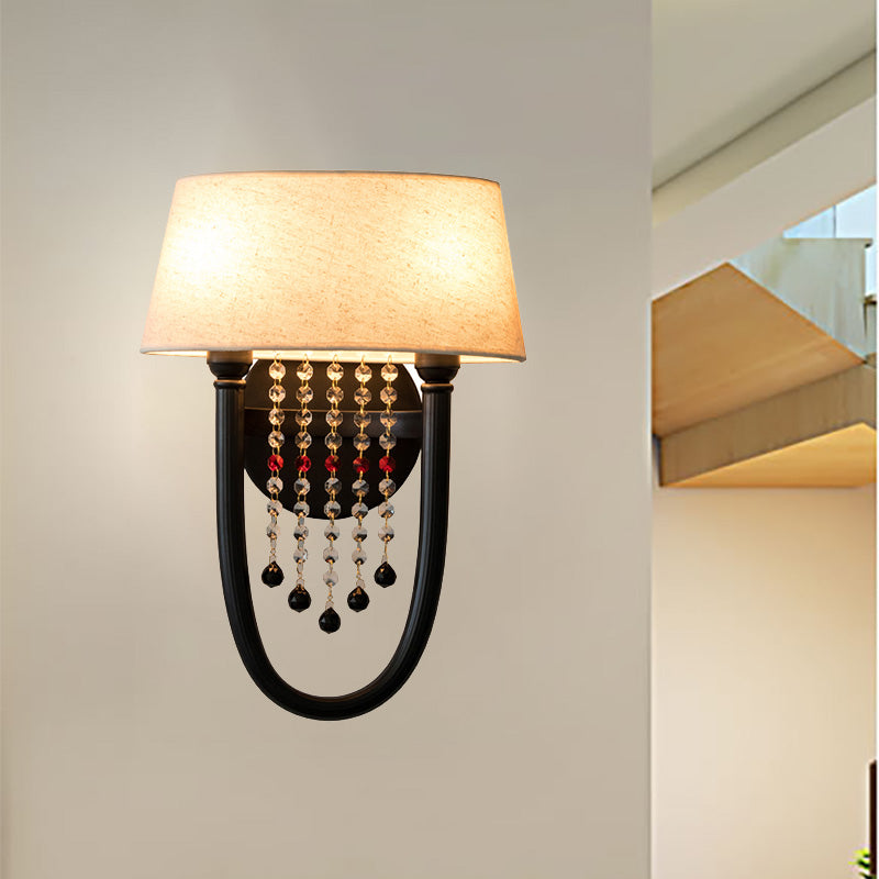 Fabric Drum Wall Lighting Lodge Style 2 Bulbs Corridor Sconce Lamp with Crystal Bead and U-Shaped Arm in Black