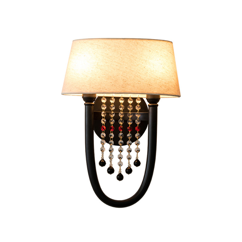 Fabric Drum Wall Lighting Lodge Style 2 Bulbs Corridor Sconce Lamp with Crystal Bead and U-Shaped Arm in Black