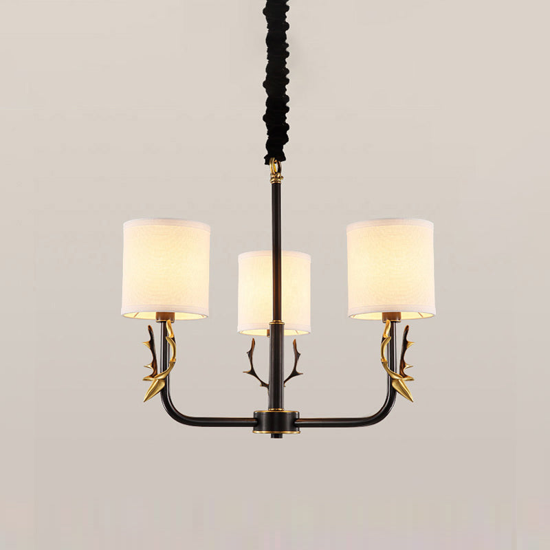 Luz de araña de tela cilíndrica Luz de la sala de estar vintage Luz colgante con acento de ciervos