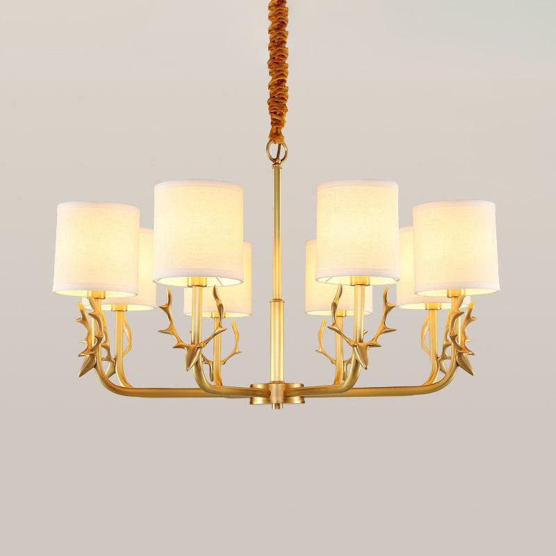 Luz de araña de tela cilíndrica Luz de la sala de estar vintage Luz colgante con acento de ciervos