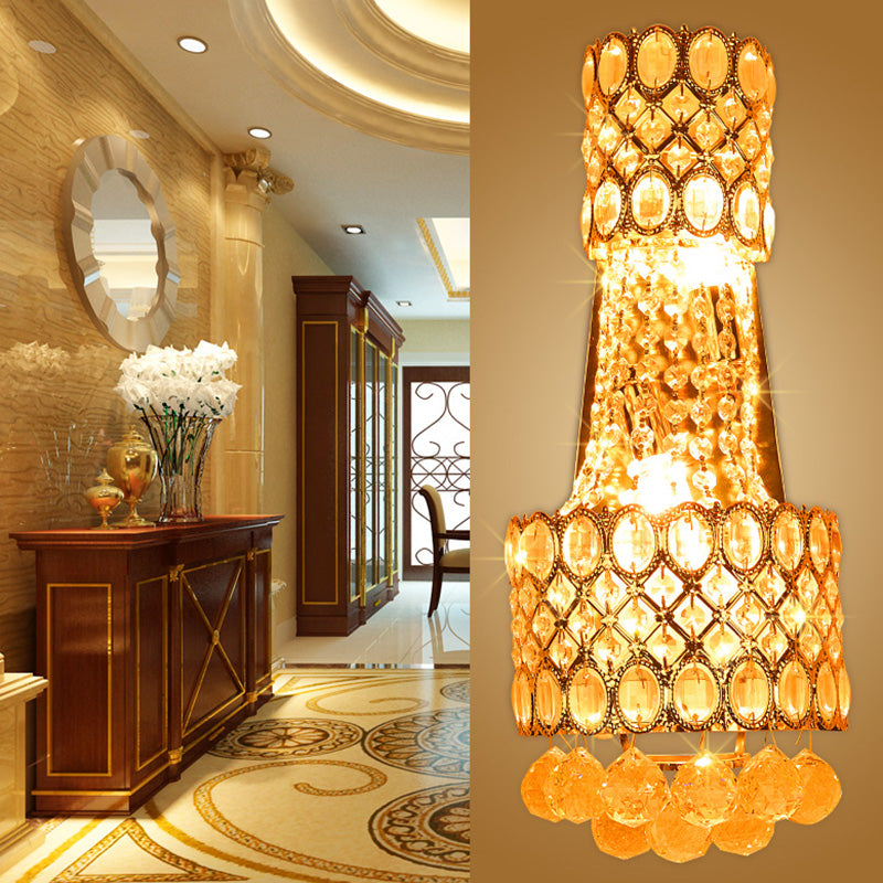 Beaded Wall Mount Light Vintage Metal 2 Bulbs Gold Wall Sconce with Cascading Clear Crystal Accents for Hallway