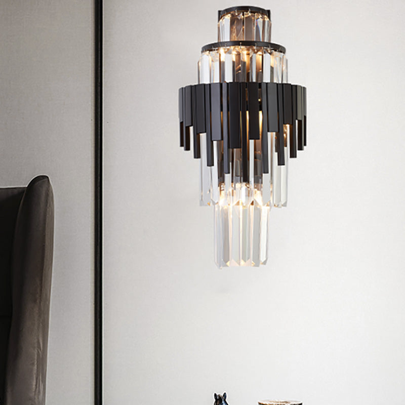 Tiered Sconce Lighting Fixture Modern Style Clear Crystal and Metal 3 Heads Black Wall Lamp, 14"/19.5" Height