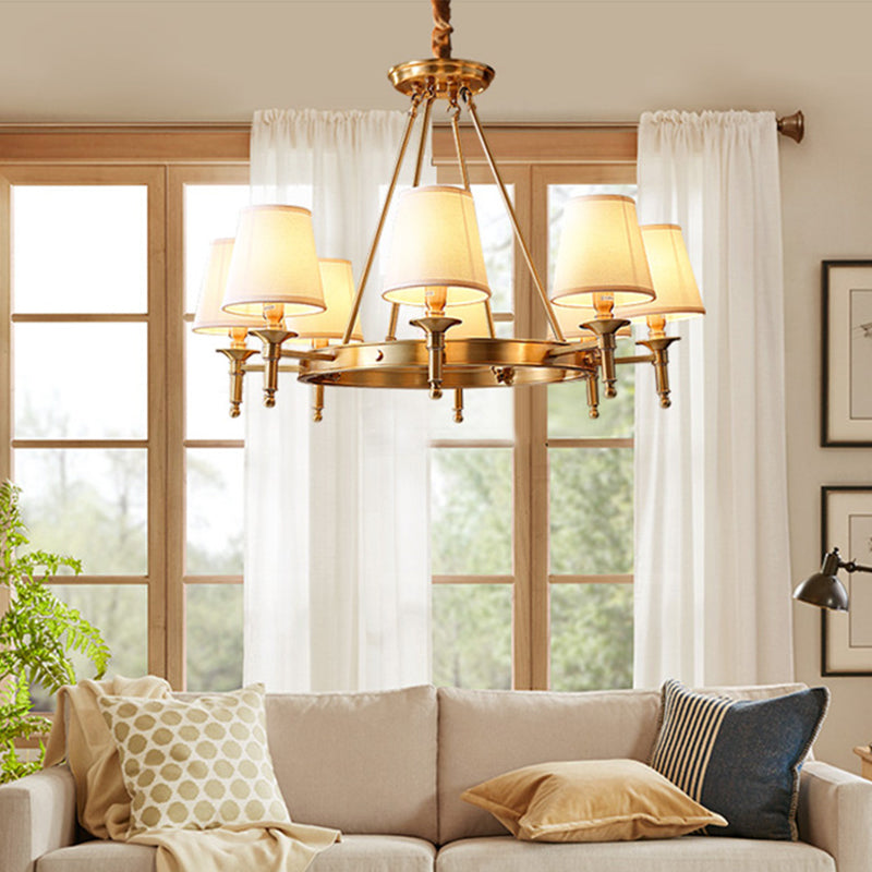 Metallic Candlestick Chandelier Lighting Classic Living Room Pendant Light with Bucket Fabric Shade
