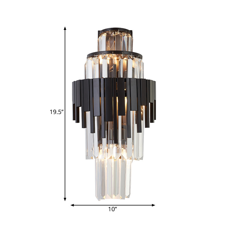 Tiered Sconce Lighting Fixture Modern Style Clear Crystal and Metal 3 Heads Black Wall Lamp, 14"/19.5" Height