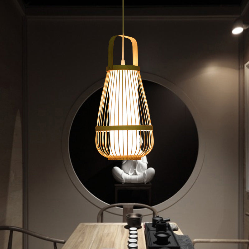 Basket Bamboo Pendant Light Contemporary Single-Bulb Wood Suspension Light Fixture