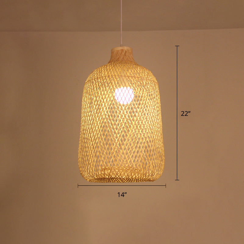 Bird Cage Pendant Light Contemporary Bamboo Single-Bulb Restaurant Suspension Light in Wood
