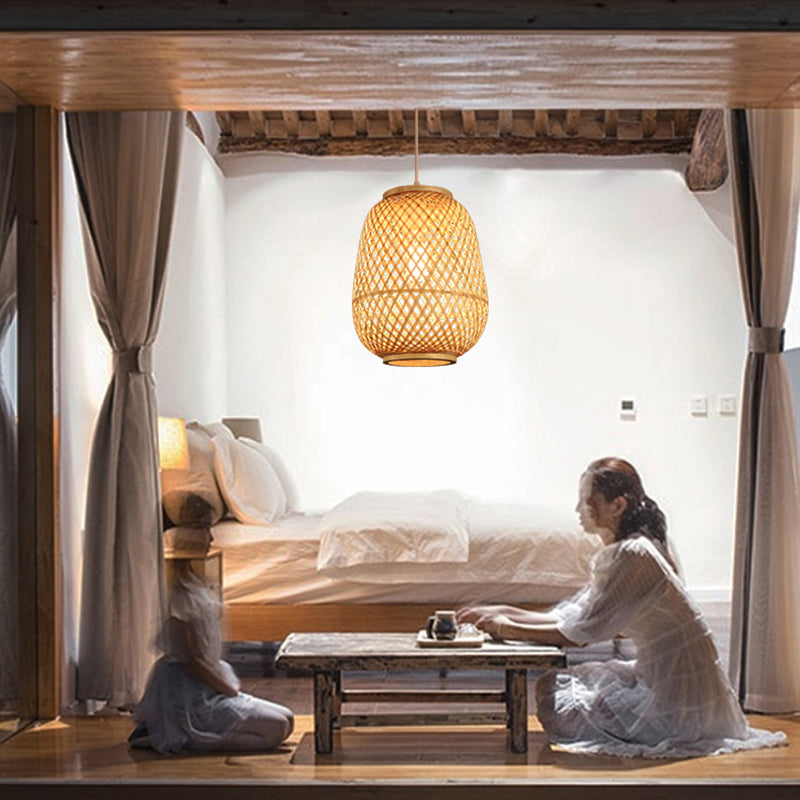 Lantern Shaded Bamboo Suspension Lighting Minimalist 1 Head Wood Pendant Ceiling Light