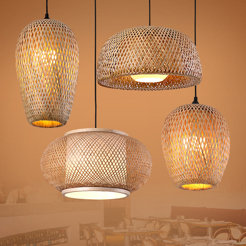 Handcrafted Ceiling Light Modern Bamboo Single Wood Hanging Pendant Light for Restaurant