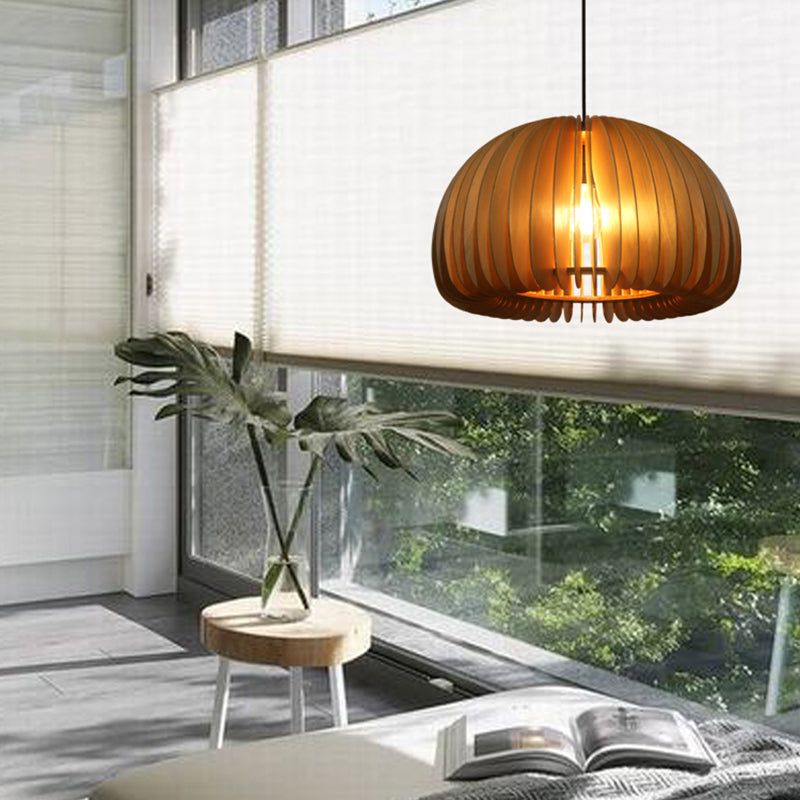 Wood Shaded Pendant Light Contemporary Single Suspension Lighting Fixture for Restaurant