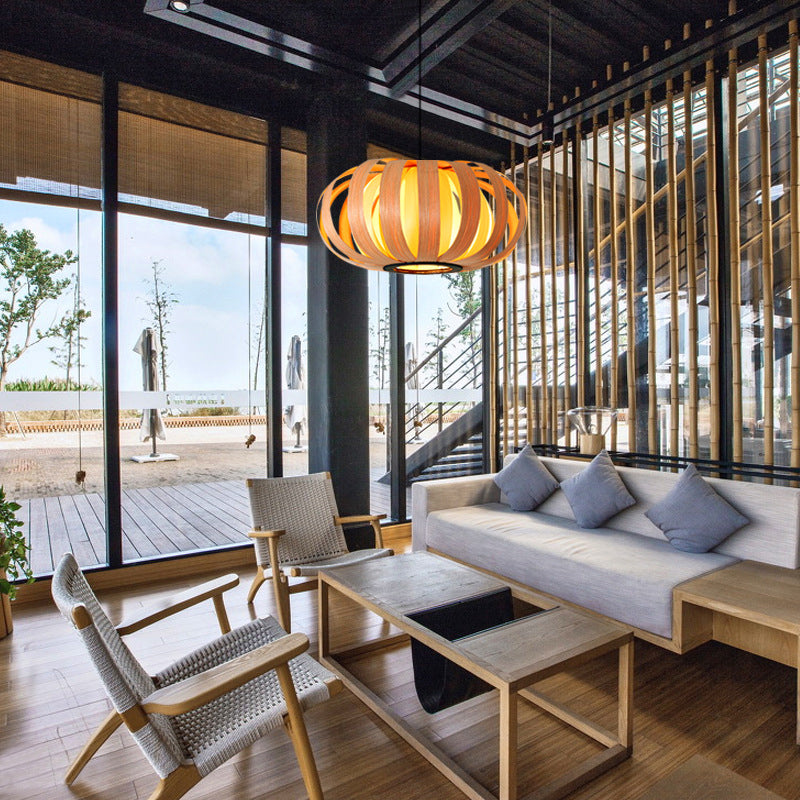 Rounded Drum Ceiling Light Modern Style Wood Single Restaurant Hanging Pendant Light