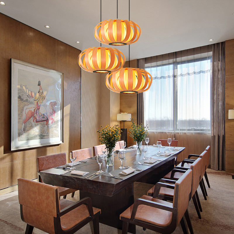 Rounded Drum Ceiling Light Modern Style Wood Single Restaurant Hanging Pendant Light