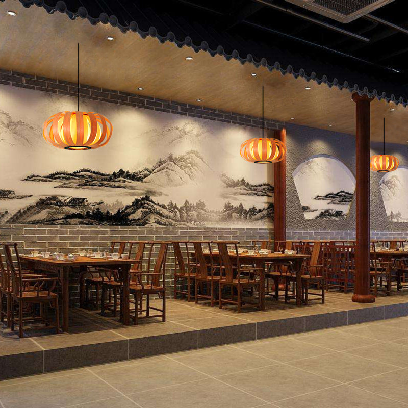 Rounded Drum Ceiling Light Modern Style Wood Single Restaurant Hanging Pendant Light