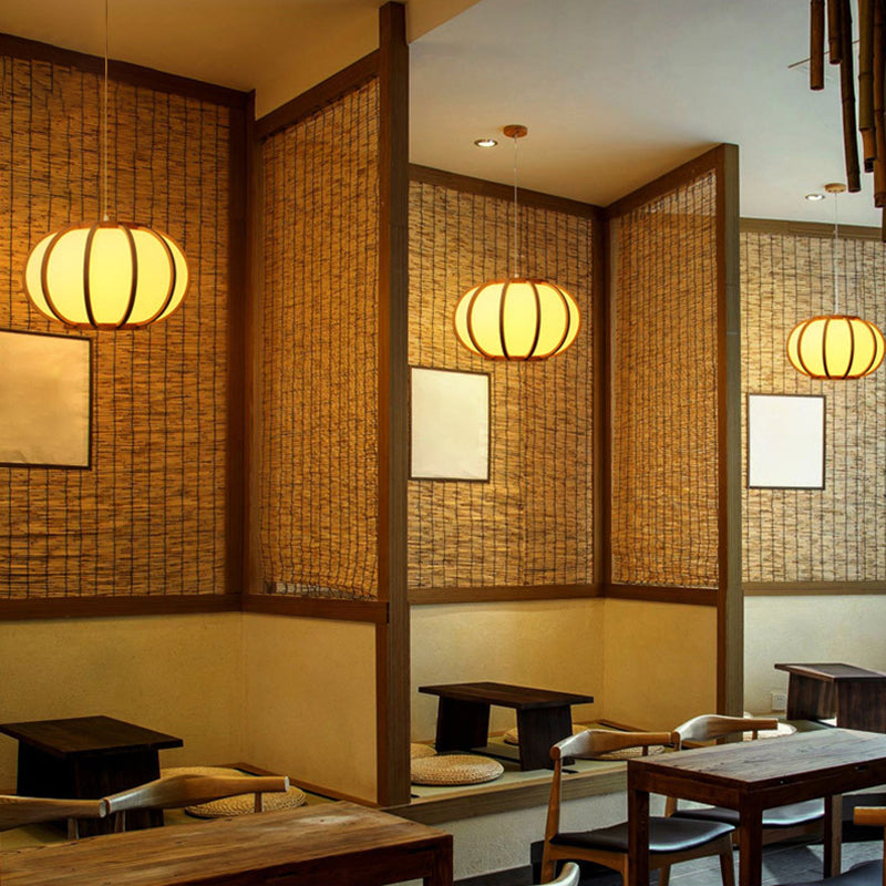 Simplicity Curved Drum Suspension Light Bamboo 1-Light Tea Room Pendant Light in Wood