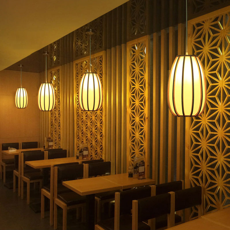 Simplicity Curved Drum Suspension Light Bamboo 1-Light Tea Room Pendant Light in Wood