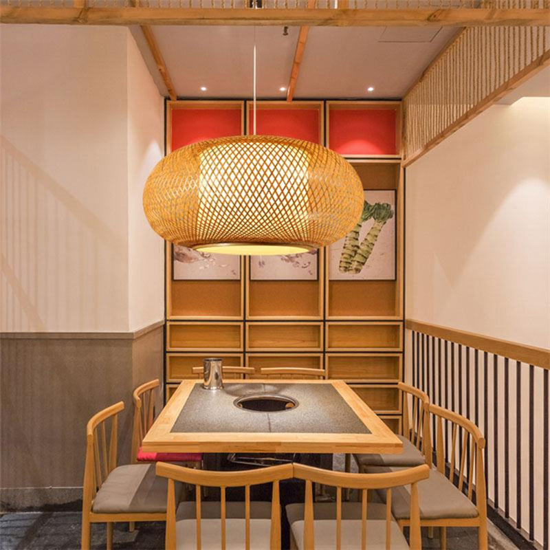 Wood Pumpkin Shaded Ceiling Light Asian Style 1 Bulb Bamboo Hanging Light Fixture