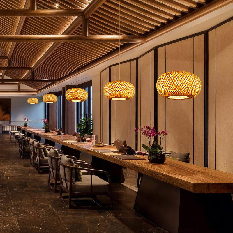 Curved Drum Ceiling Light Modern Bamboo Single Wood Hanging Pendant Light for Tea Room