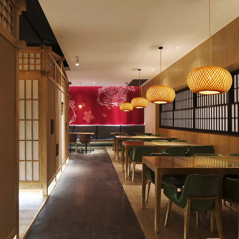 Curved Drum Ceiling Light Modern Bamboo Single Wood Hanging Pendant Light for Tea Room