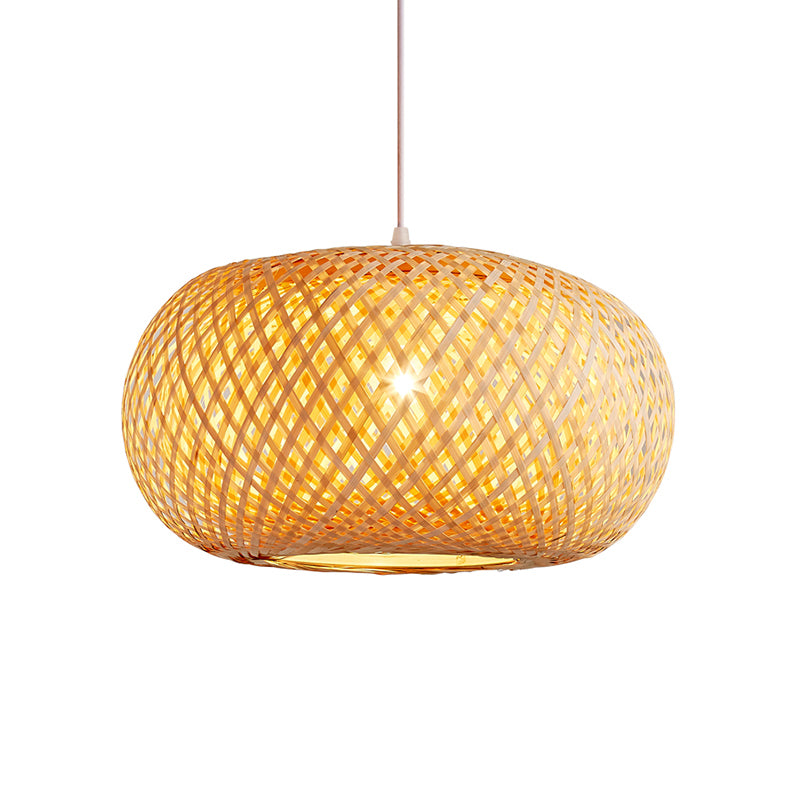 Curved Drum Ceiling Light Modern Bamboo Single Wood Hanging Pendant Light for Tea Room