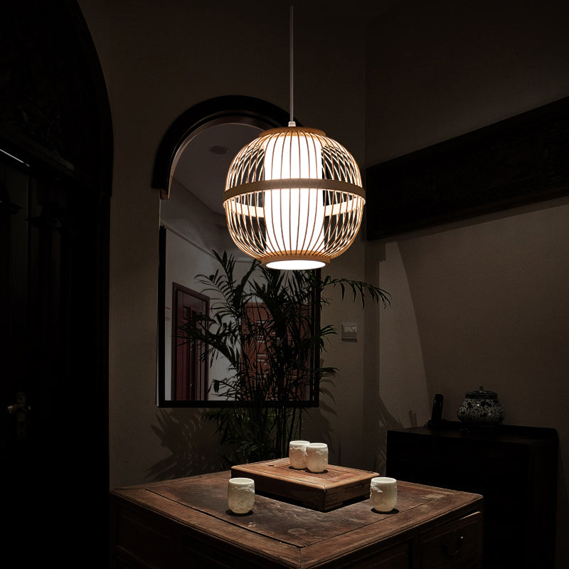 Lantern Tea Room Ceiling Light Bamboo 1 Bulb Asian Style Hanging Light Fixture in Wood