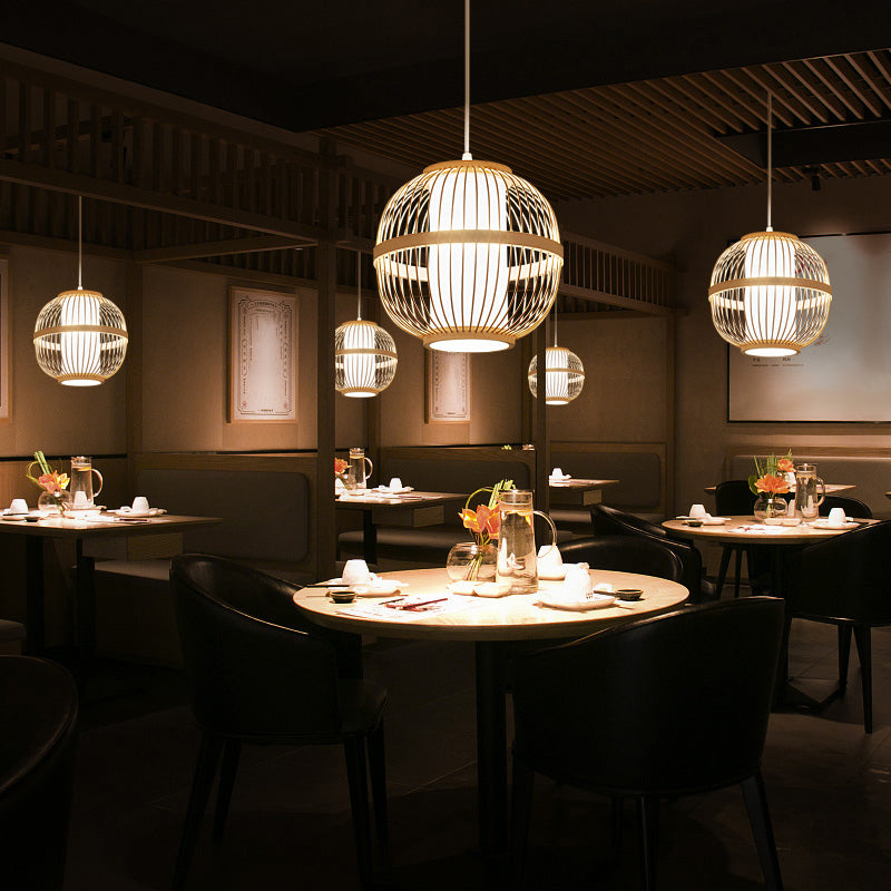 Lantern Tea Room Ceiling Light Bamboo 1 Bulb Asian Style Hanging Light Fixture in Wood