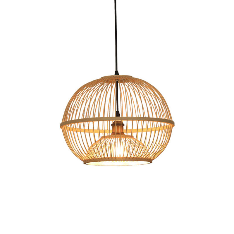 Bamboo Sphere Shaded Suspension Lighting Minimalist 1 Head Wood Pendant Ceiling Light