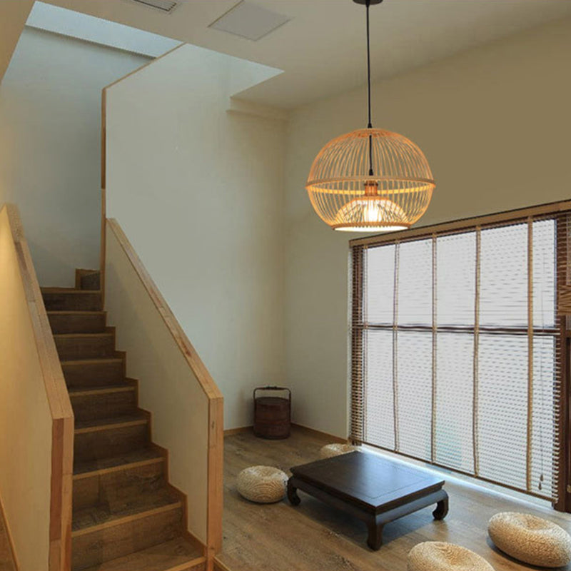 Bamboo Sphere Shaded Suspension Lighting Minimalist 1 Head Wood Pendant Ceiling Light
