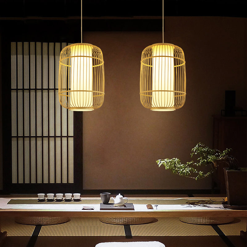 Birdcage Suspension Lighting Minimalist Bamboo 1 Head Restaurant Pendant Ceiling Light in Wood