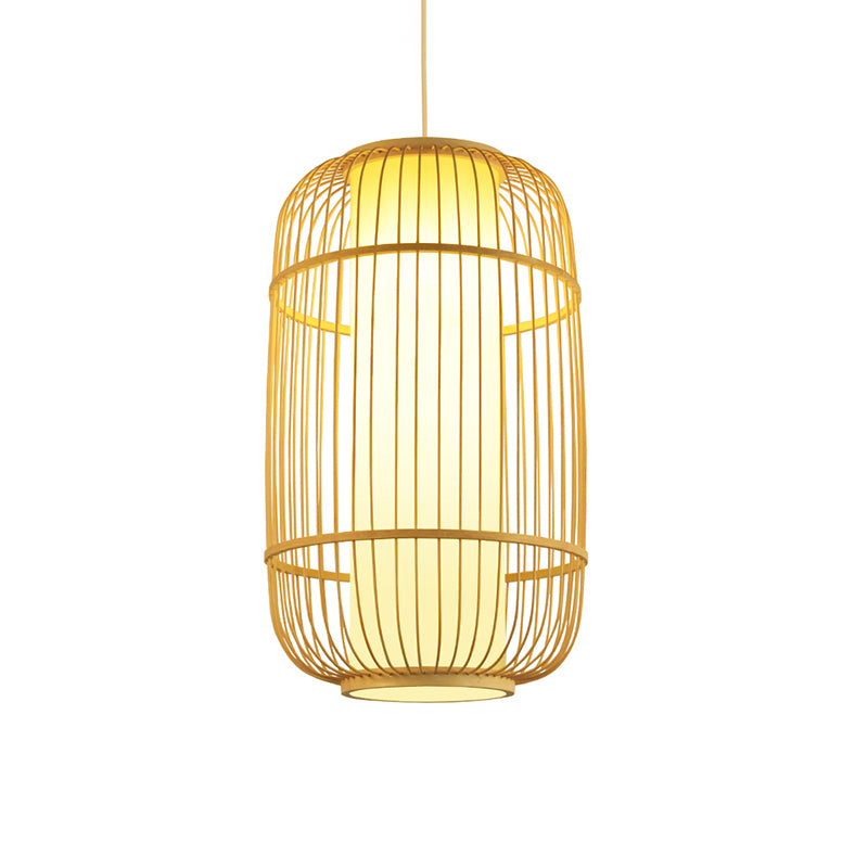 Birdcage Suspension Lighting Minimalist Bamboo 1 Head Restaurant Pendant Ceiling Light in Wood