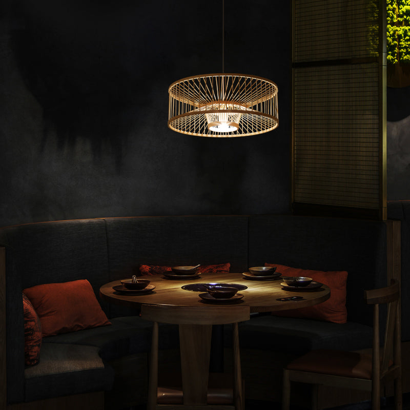 Drum Bamboo Pendant Lighting Contemporary Single-Bulb Wood Suspension Light Fixture