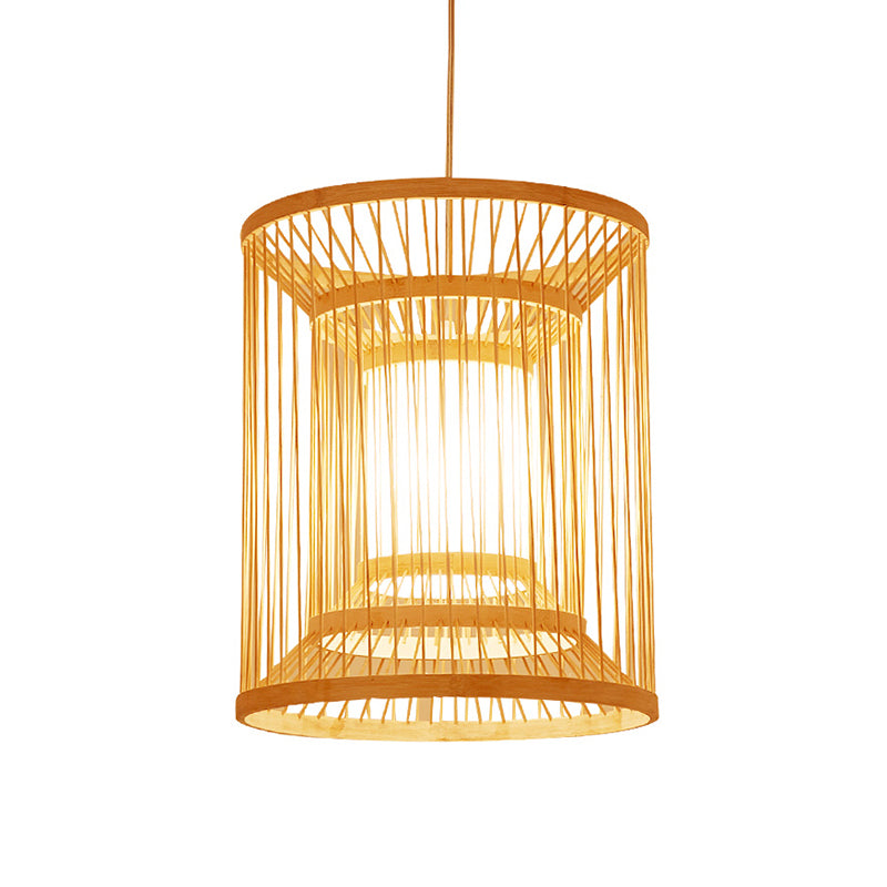 Cylindrical Suspension Light Simplicity Bamboo 1-Light Wood Pendant Light Fixture for Tea Room