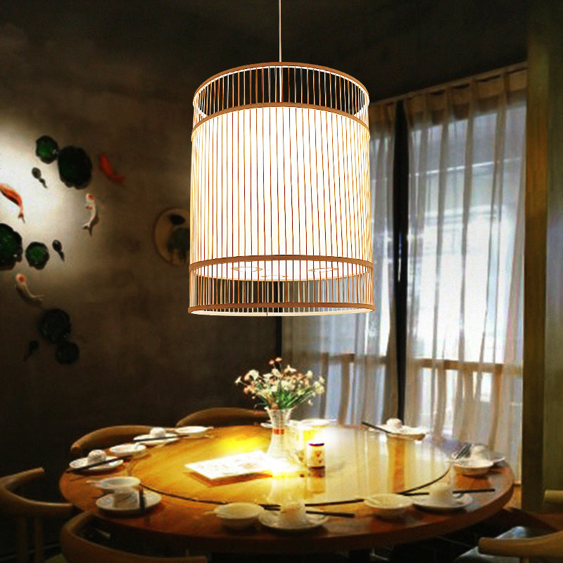 Wood Cylinder Ceiling Light Asian Style 1-Light Bamboo Hanging Light for Restaurant