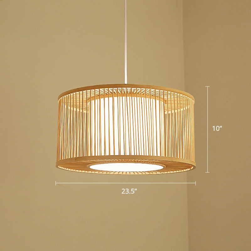 Rounded Drum Ceiling Light Modern Bamboo Single Restaurant Hanging Pendant Light in Wood