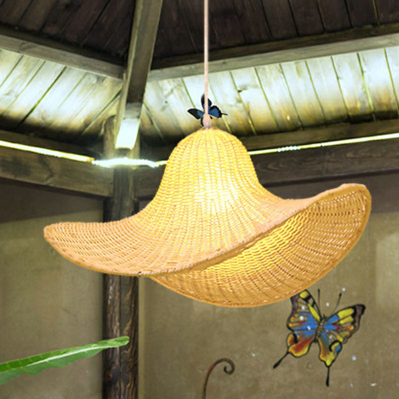 South-east Asia Straw Hat Ceiling Light Rattan Single Tea Room Hanging Pendant Light in Wood