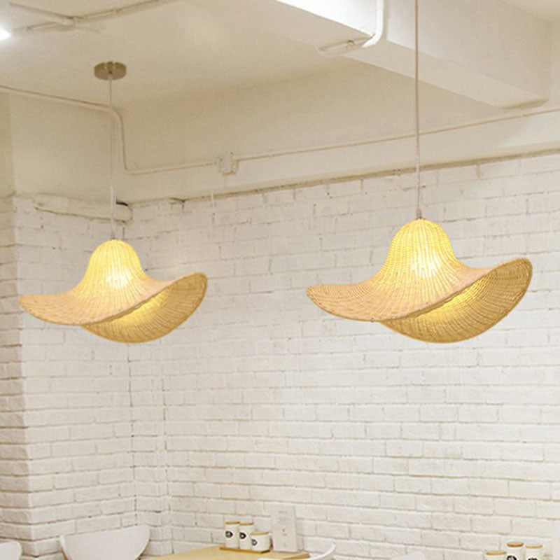 South-east Asia Straw Hat Ceiling Light Rattan Single Tea Room Hanging Pendant Light in Wood