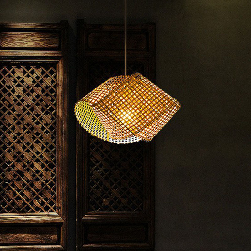 Twisted Bamboo Ceiling Light Asian Style 1 Bulb Wood Hanging Light Fixture for Restaurant
