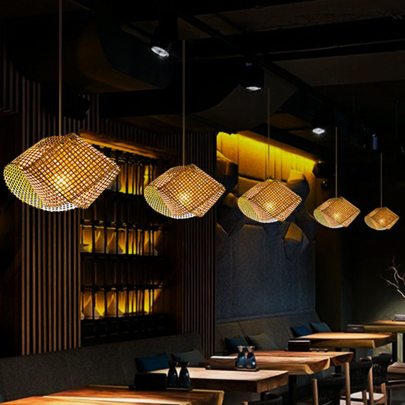 Twisted Bamboo Ceiling Light Asian Style 1 Bulb Wood Hanging Light Fixture for Restaurant