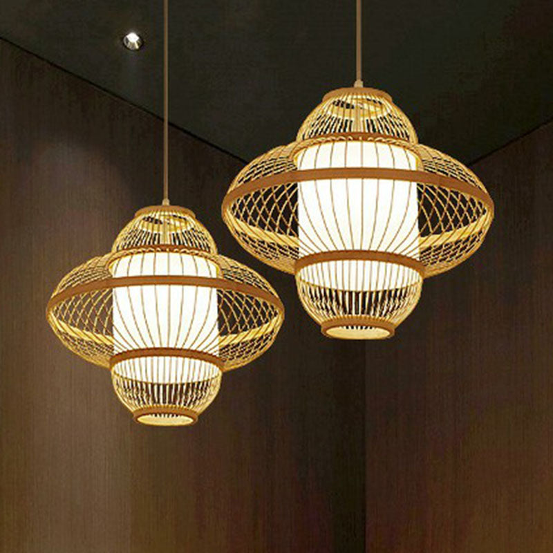 Lantern Ceiling Light Modern Bamboo Single Restaurant Hanging Pendant Light in Wood