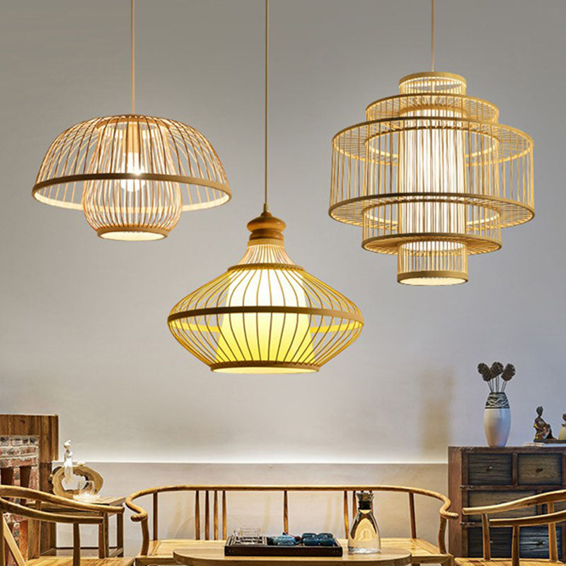 Bambus symmetrische Suspension Licht Einfachheit 1 Lichtholz Anhängerleuchte für Schlafzimmer