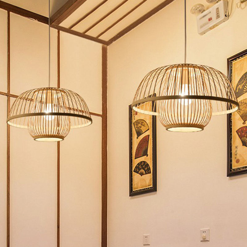 Bambus symmetrische Suspension Licht Einfachheit 1 Lichtholz Anhängerleuchte für Schlafzimmer