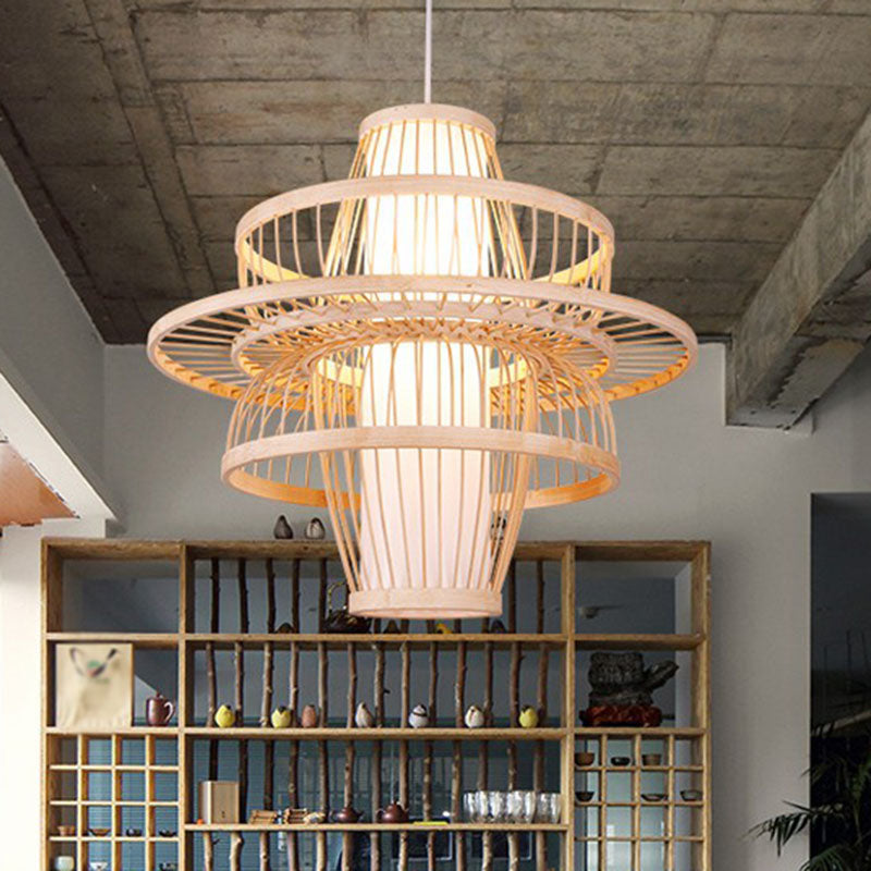 Bambus symmetrische Suspension Licht Einfachheit 1 Lichtholz Anhängerleuchte für Schlafzimmer
