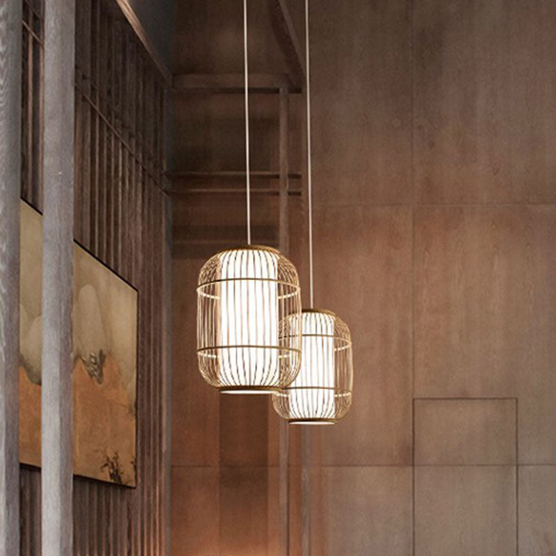 Bambus symmetrische Suspension Licht Einfachheit 1 Lichtholz Anhängerleuchte für Schlafzimmer