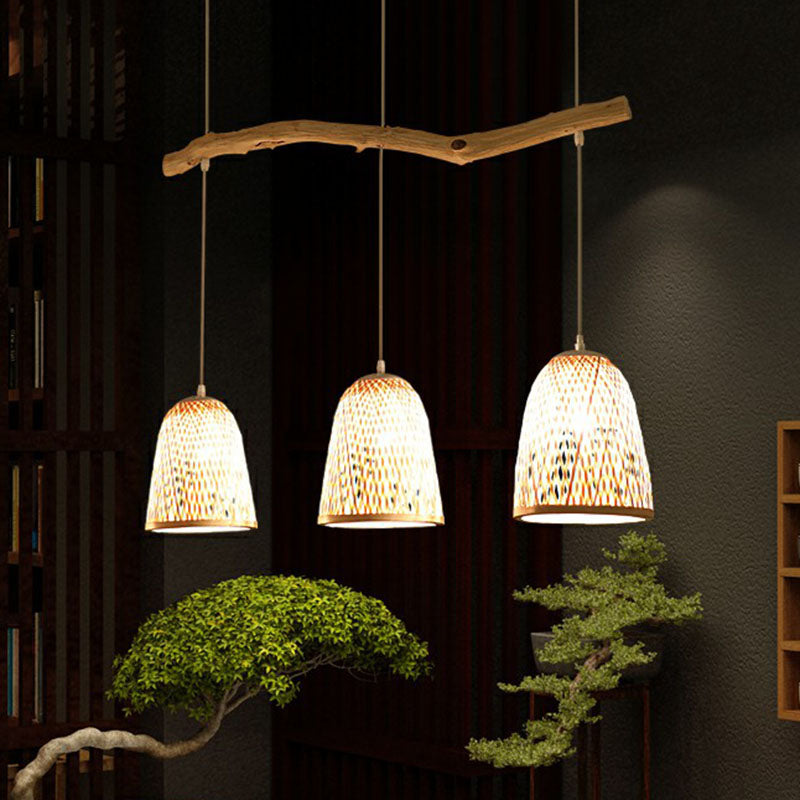 Bell Shade Pendant Light South-east Asia Bamboo 3 Heads Tea Room Hanging Island Light in Wood