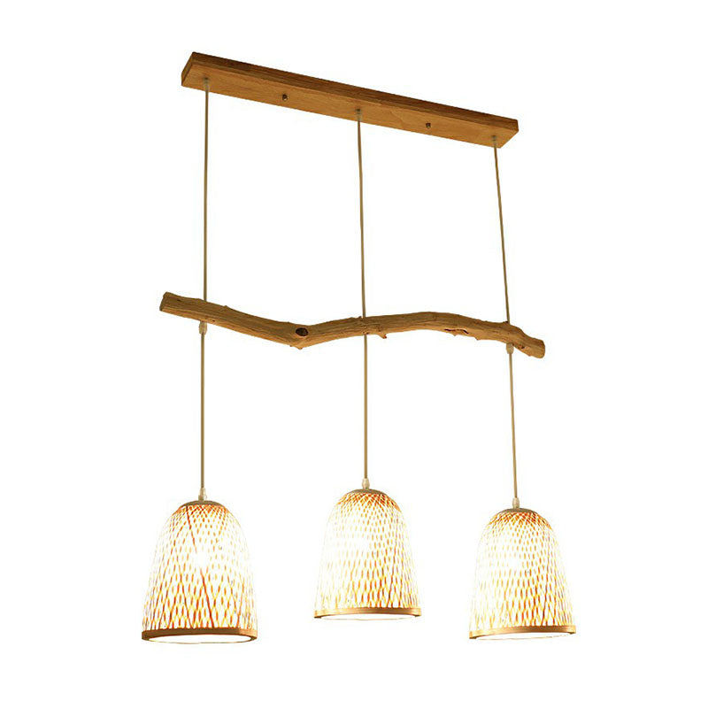 Bell Shade Pendant Light South-east Asia Bamboo 3 Heads Tea Room Hanging Island Light in Wood