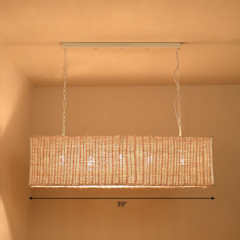 Rectangular Restaurant Hanging Lamp Rattan 4 Heads Minimalist Island Chandelier Light in Wood