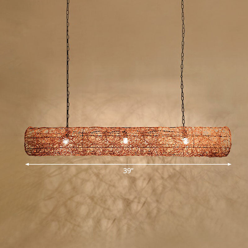 Contemporary Cylindrical Hanging Light Rattan 3 Bulbs Tea Room Island Ceiling Light