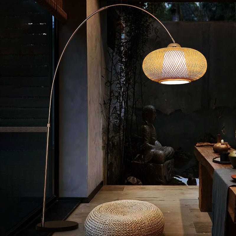 Lantern Tea Room Standing Light Bamboo 1��Bulb Minimalist Floor Lighting with Fishing Rod Arm in Wood