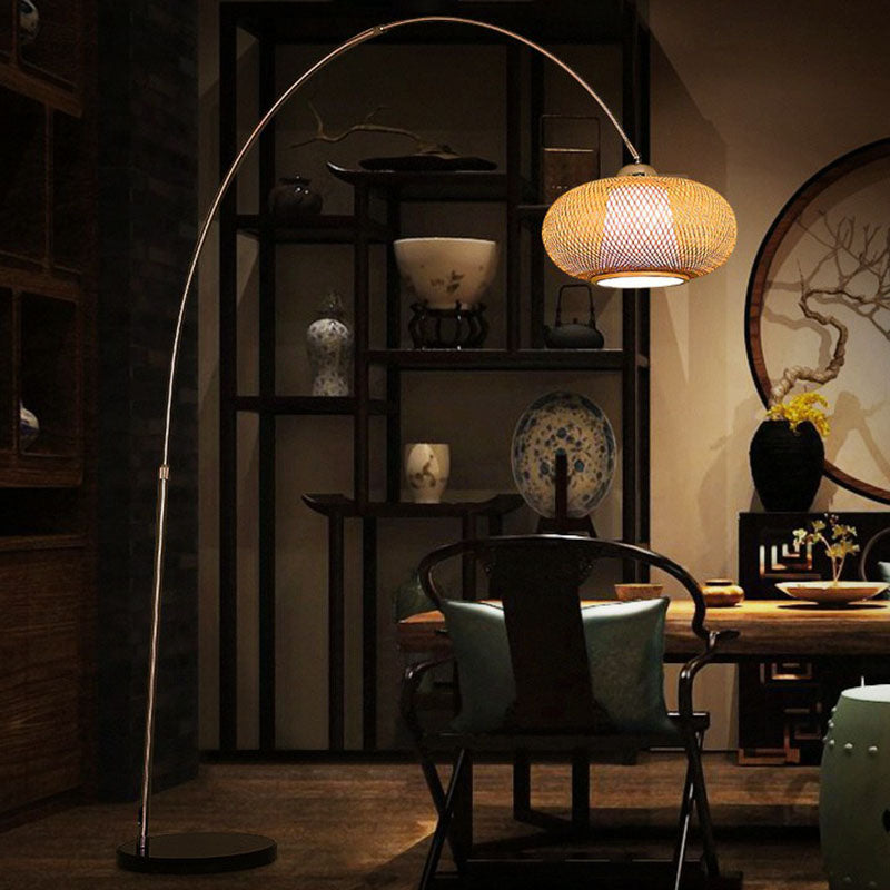 Lantern Tea Room Standing Light Bamboo 1��Bulb Minimalist Floor Lighting with Fishing Rod Arm in Wood